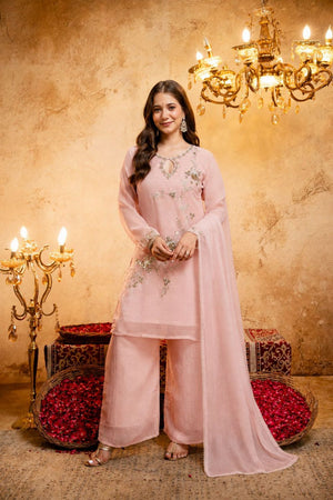 Pink Floral Embroidered Chanderi Palazzo Suit (ACB1512)