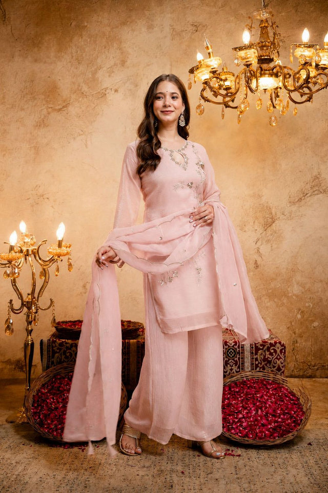 Pink Floral Embroidered Chanderi Palazzo Suit (ACB1512)