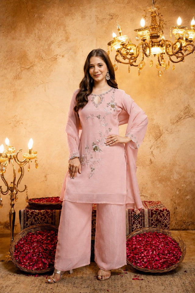 Pink Floral Embroidered Chanderi Palazzo Suit (ACB1512)