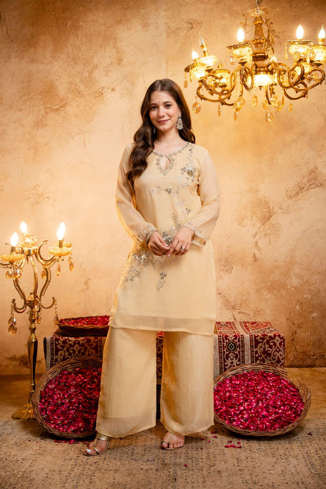 Yellow Floral Embroidered Chanderi Palazzo Suit (ACB1513)