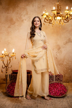 Yellow Floral Embroidered Chanderi Palazzo Suit (ACB1513)