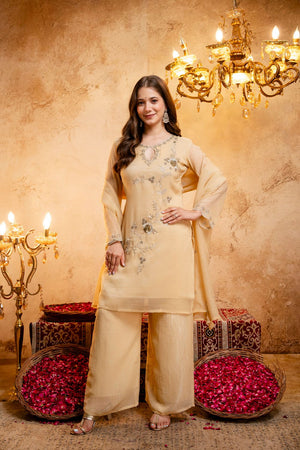 Yellow Floral Embroidered Chanderi Palazzo Suit (ACB1513)