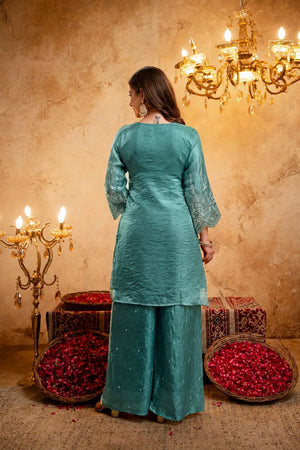 Blue Sequin with Floral Embroidered Silk Blend Palazzo Suit (ACB1514)
