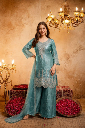 Blue Sequin with Floral Embroidered Silk Blend Palazzo Suit (ACB1514)