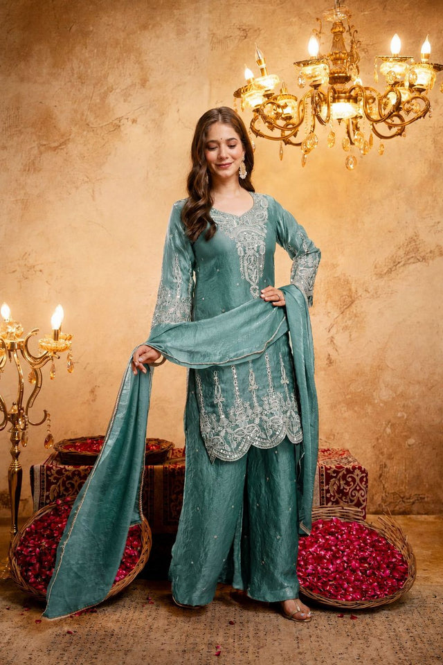 Blue Sequin with Floral Embroidered Silk Blend Palazzo Suit (ACB1514)