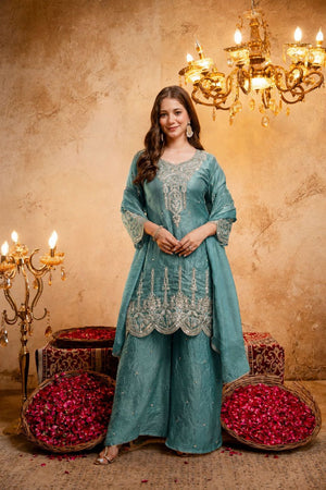 Blue Sequin with Floral Embroidered Silk Blend Palazzo Suit (ACB1514)