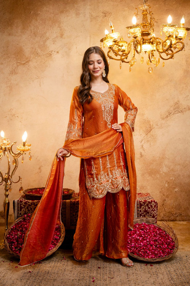 Orange Sequin with Floral Embroidered Silk Blend Palazzo Suit (ACB1515)