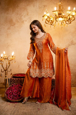 Orange Sequin with Floral Embroidered Silk Blend Palazzo Suit (ACB1515)