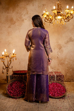 Purple Sequin with Floral Embroidered Silk Blend Palazzo Suit (ACB1516)