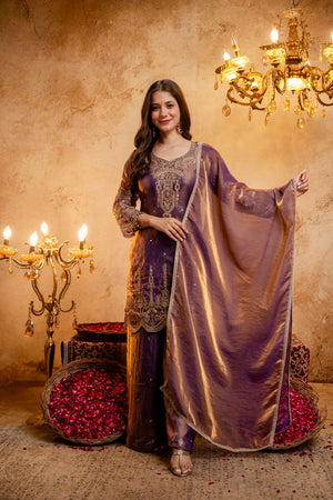 Purple Sequin with Floral Embroidered Silk Blend Palazzo Suit (ACB1516)