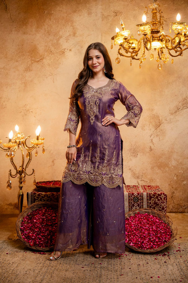 Purple Sequin with Floral Embroidered Silk Blend Palazzo Suit (ACB1516)