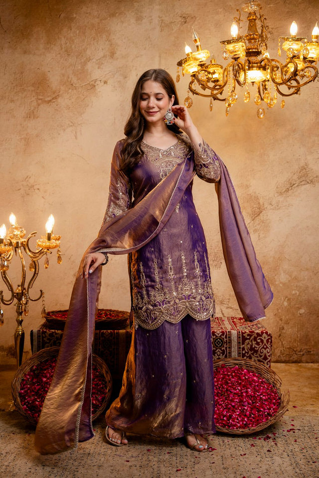 Purple Sequin with Floral Embroidered Silk Blend Palazzo Suit (ACB1516)