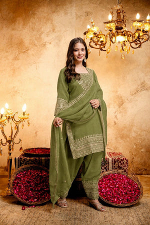 Mehendi Sequin with Floral Embroidered Chanderi Palazzo Suit (ACB1517)