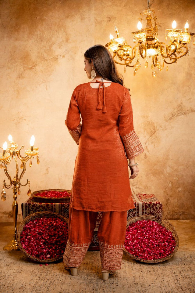 Orange Embroidered Chanderi Straight Cut Suit (ACB1518)