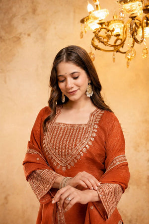 Orange Embroidered Chanderi Straight Cut Suit (ACB1518)