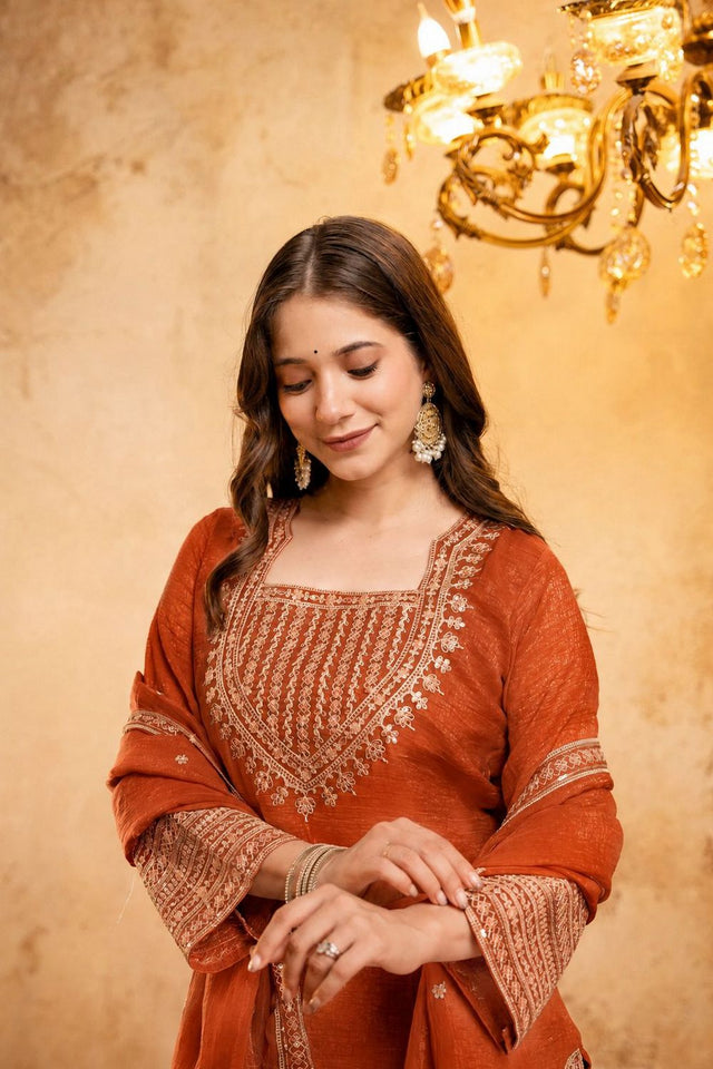 Orange Embroidered Chanderi Straight Cut Suit (ACB1518)