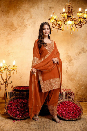 Orange Embroidered Chanderi Straight Cut Suit (ACB1518)