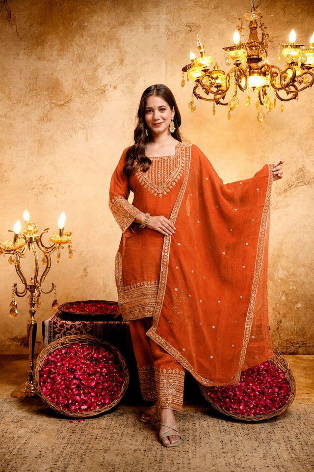 Orange Embroidered Chanderi Straight Cut Suit (ACB1518)