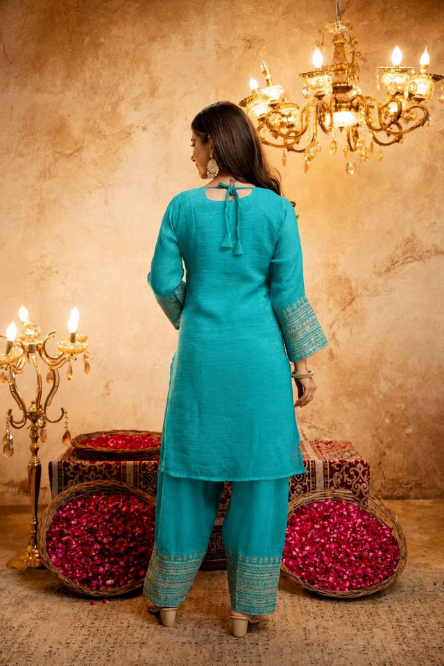 Turquoise Embroidered Chanderi Palazzo Suit (ACB1519)
