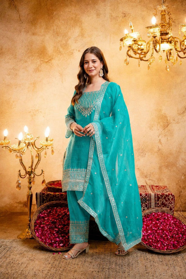 Turquoise Embroidered Chanderi Palazzo Suit (ACB1519)