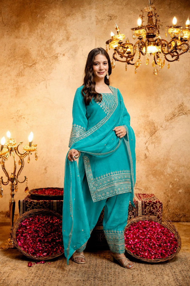 Turquoise Embroidered Chanderi Palazzo Suit (ACB1519)
