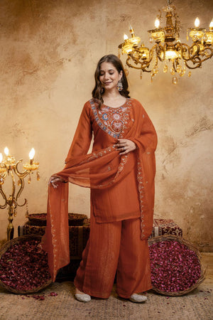 Orange Floral Embroidered Chanderi Palazzo Suit (ACB1520)