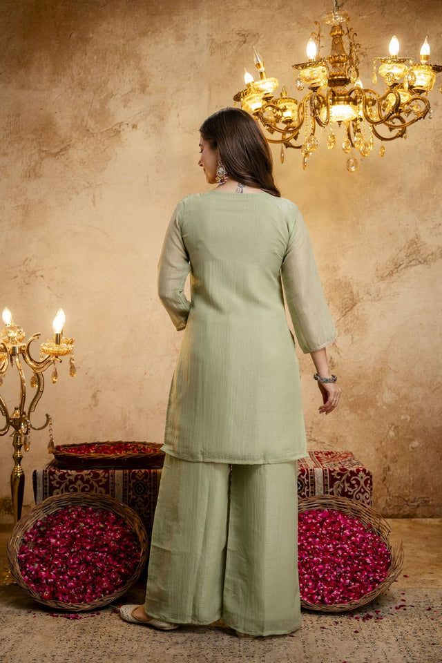 Green Floral Embroidered Chanderi Palazzo Suit (ACB1521)