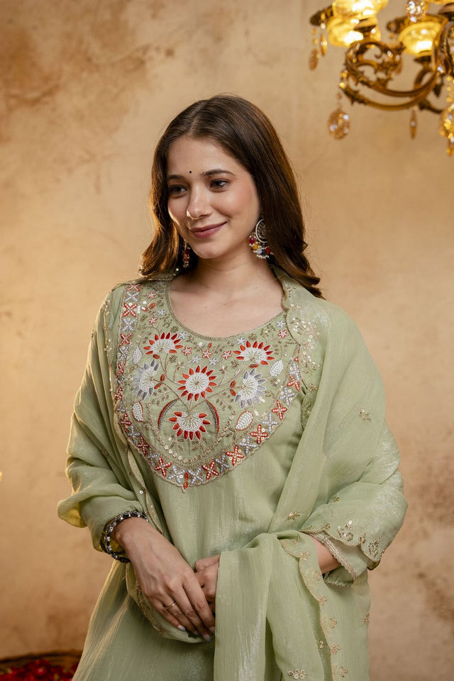 Green Floral Embroidered Chanderi Palazzo Suit (ACB1521)