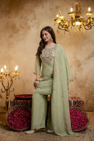 Green Floral Embroidered Chanderi Palazzo Suit (ACB1521)