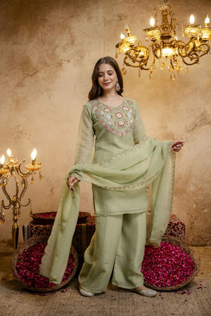 Green Floral Embroidered Chanderi Palazzo Suit (ACB1521)