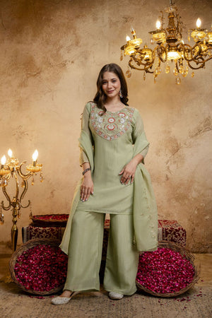 Green Floral Embroidered Chanderi Palazzo Suit (ACB1521)
