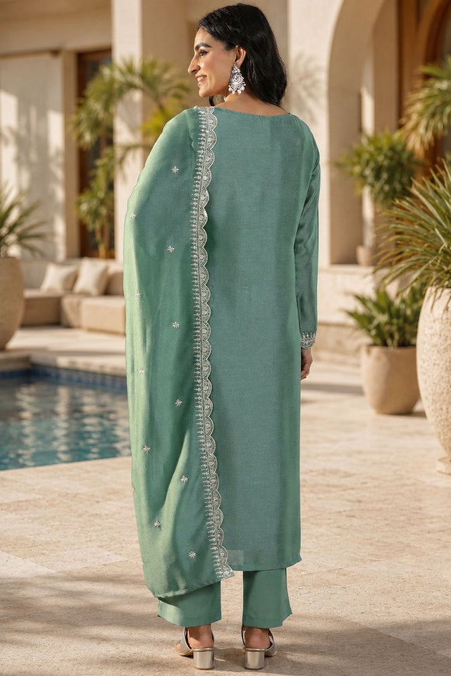 Green Floral Embroidered Silk Palazzo Suit (ACB1522)