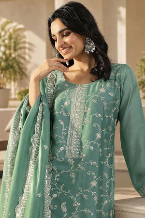 Green Floral Embroidered Silk Palazzo Suit (ACB1522)