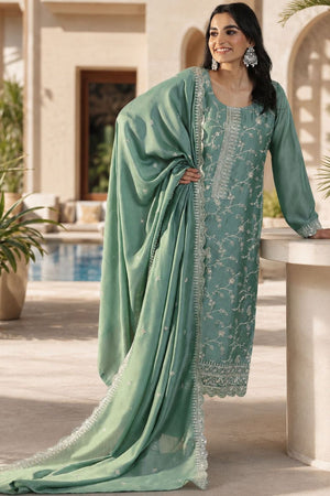 Green Floral Embroidered Silk Palazzo Suit (ACB1522)