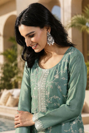 Green Floral Embroidered Silk Palazzo Suit (ACB1522)