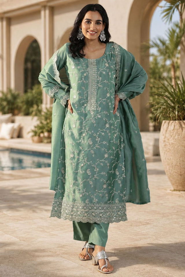 Green Floral Embroidered Silk Palazzo Suit (ACB1522)