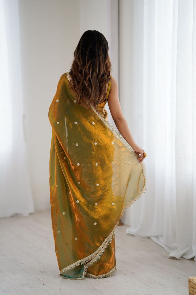 Gold Sequin Satin Saree (ACB1525)