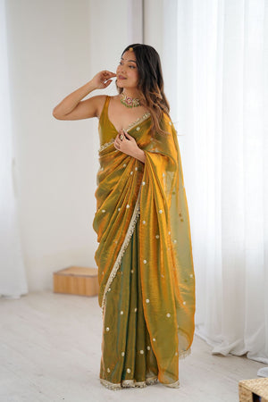 Gold Sequin Satin Saree (ACB1525)