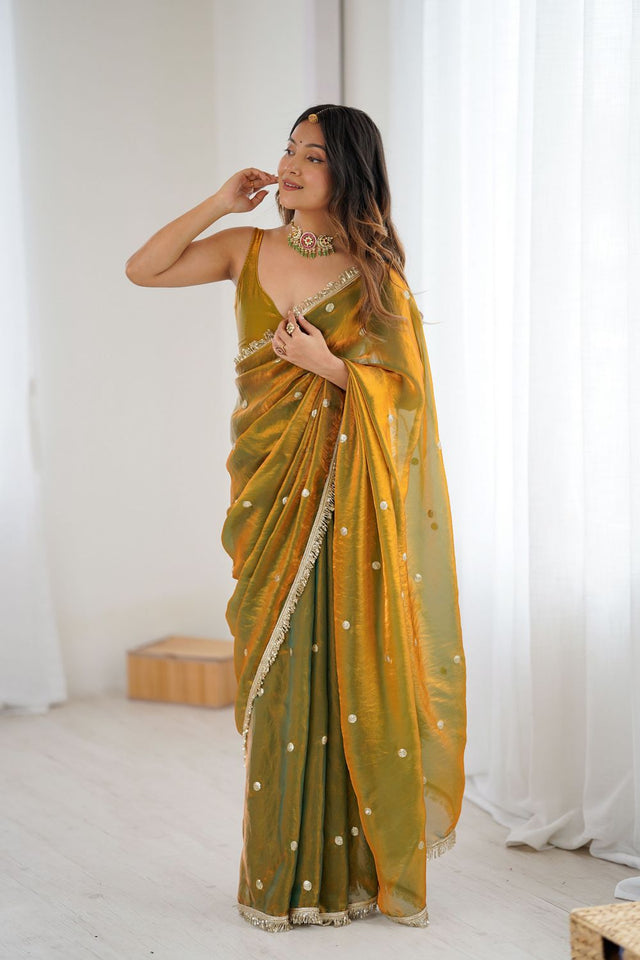 Gold Sequin Satin Saree (ACB1525)