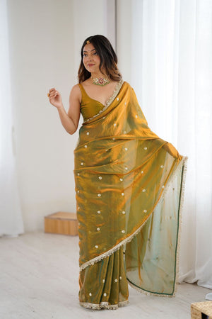 Gold Sequin Satin Saree (ACB1525)