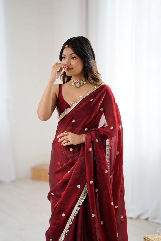 Maroon Sequin Satin Saree (ACB1527)
