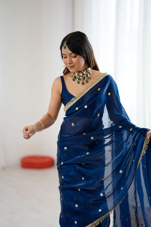 Blue Sequin Satin Saree (ACB1530)