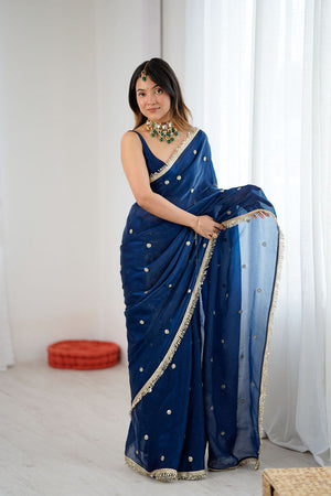 Blue Sequin Satin Saree (ACB1530)