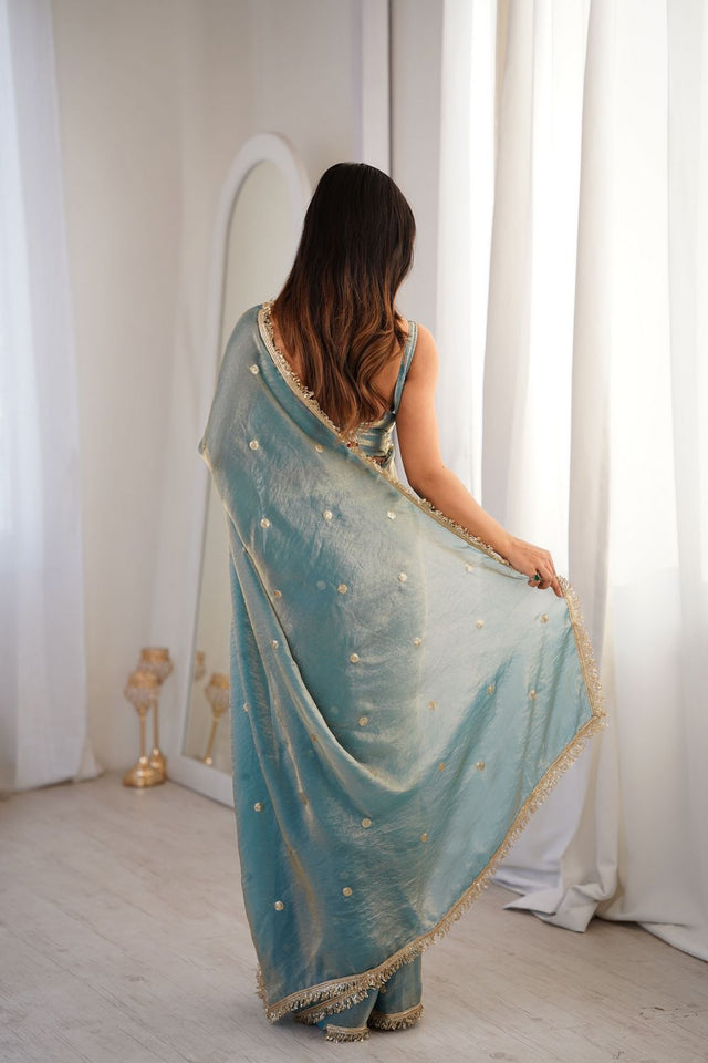 Blue Sequin Satin Saree (ACB1531)