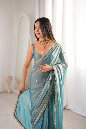 Blue Sequin Satin Saree (ACB1531)
