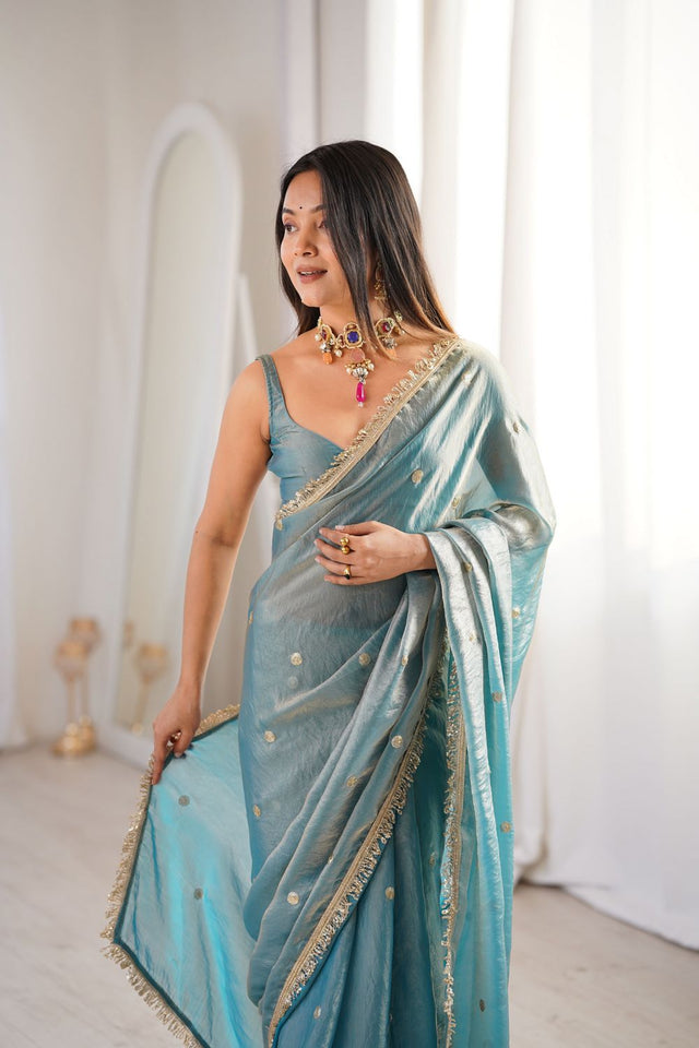 Blue Sequin Satin Saree (ACB1531)