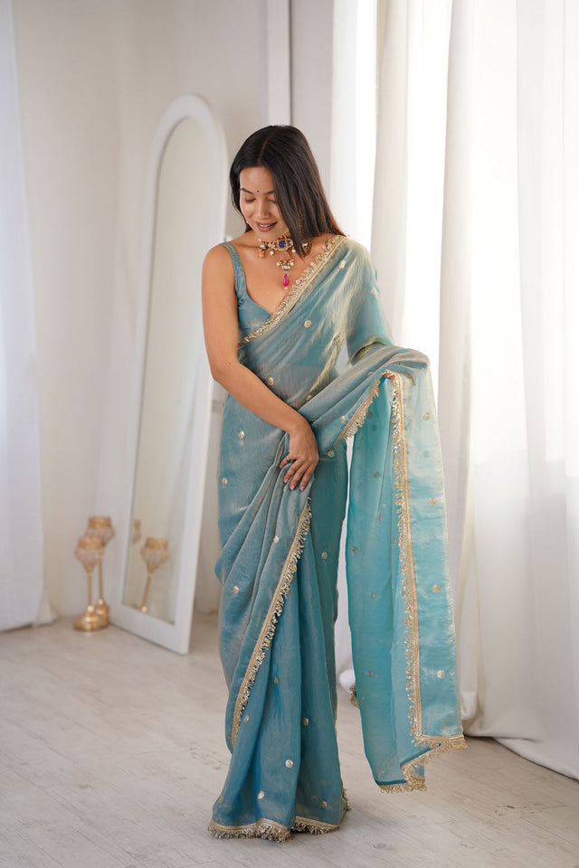Blue Sequin Satin Saree (ACB1531)