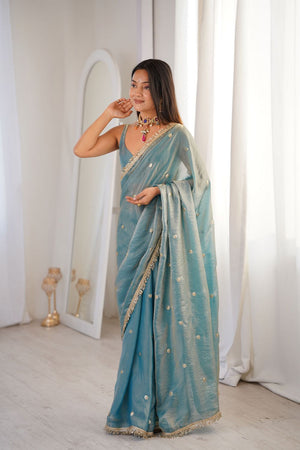 Blue Sequin Satin Saree (ACB1531)