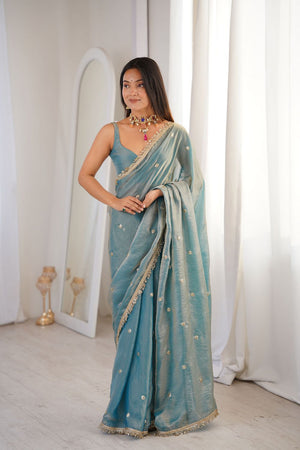 Blue Sequin Satin Saree (ACB1531)