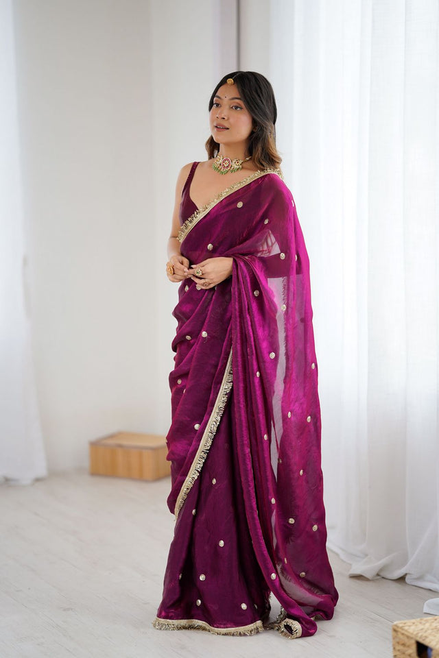 Wine Sequin Satin Saree (ACB1532)